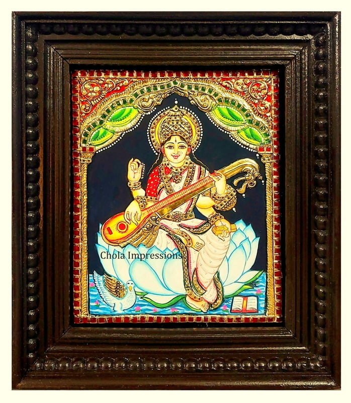 Saraswati Devi Tanjore Painting on White Lotus