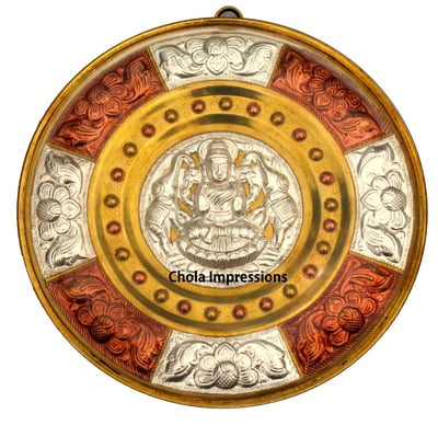 Chola Impressions Divine Gaja Lakshmi Tanjore Art Shield   7 inch   Brass  Copper   Silver Wall Hanging