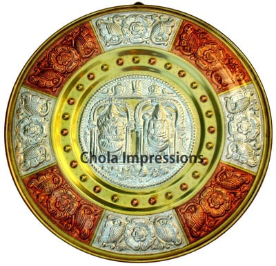 Balaji - Padmavati (Thayar) Tanjore Metal Art Plate - Made of Silver, Brass & Copper