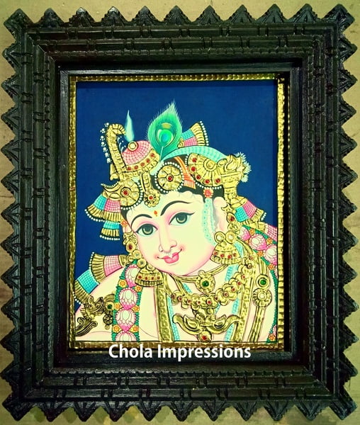 Krishna Face Portrait Tanjore Painting in Traditional Tanjore Style - Chettinad Teak wood Frame