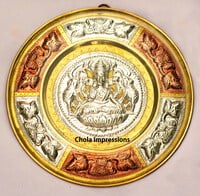 Chola Impressions Divine Gaja Lakshmi Tanjore Art Shield   7 inch   Brass  Copper   Silver Wall Hanging