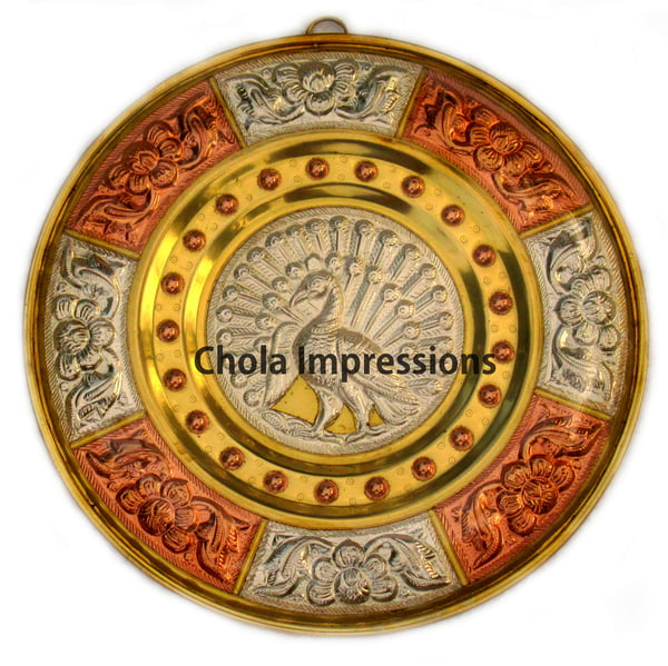 Chola Impressions Peacock Tanjore Art Shield   8 inch   Brass  Copper   Silver Wall Hanging