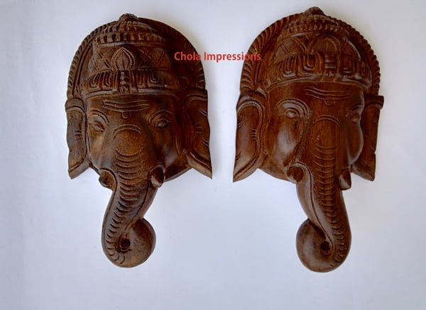 Antique Finish Lord Ganesh Wooden Face Mask Pair Wall Hanging - 1 ft