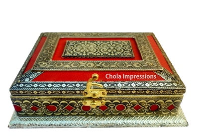 Minakari Jewel Box/ Dry fruit Box - German Oxodise with Red Leather