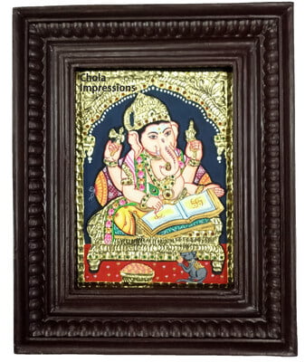 Lord Ganesh Writing Scripture Tanjore Painting - Small size