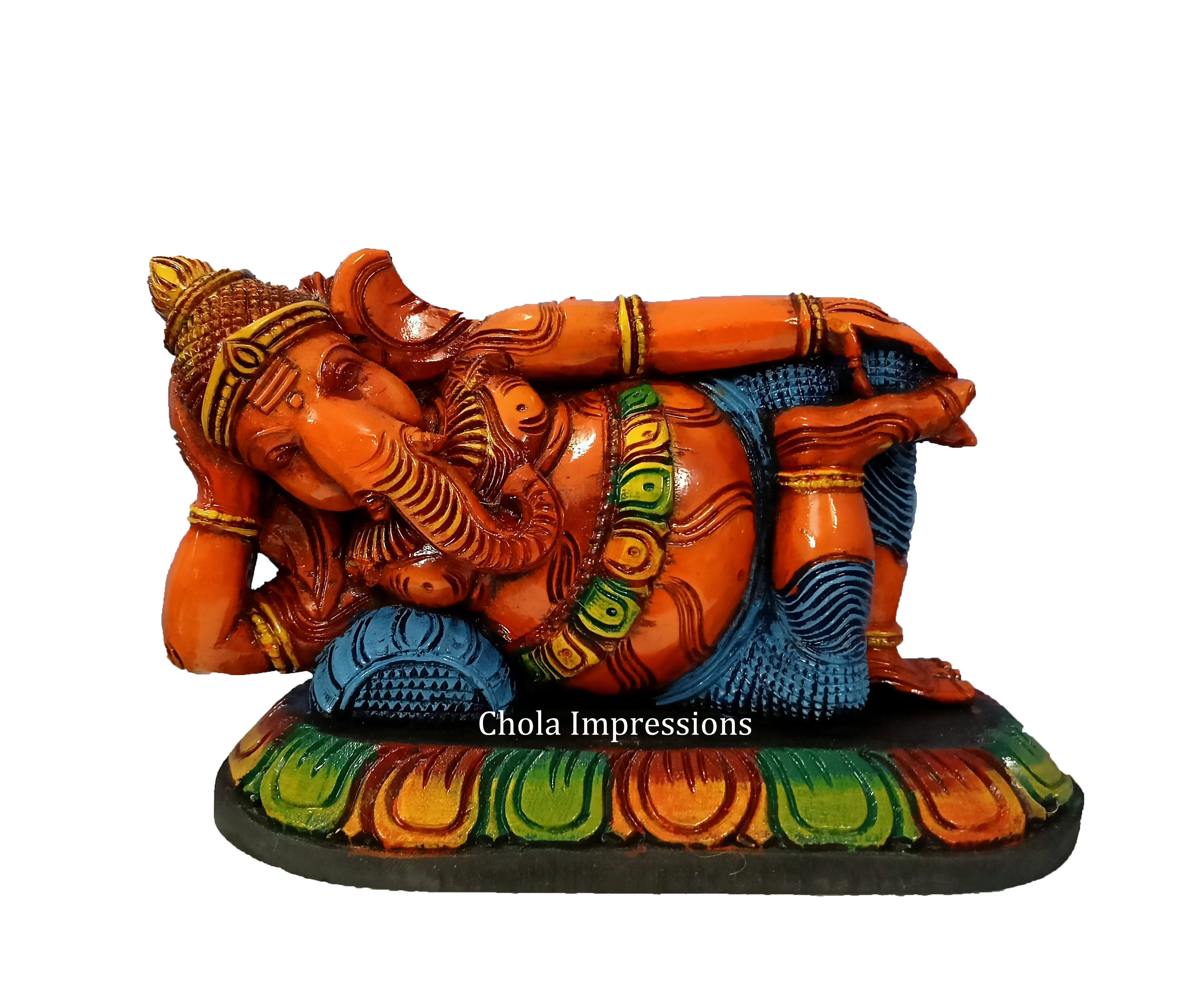 Reclining Vaastu Ganesh (Vaastu Vinayagar) Wooden statue - Coloured Glossy Finish