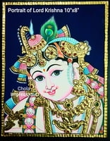 Krishna Face Portrait Tanjore Painting in Traditional Tanjore Style - Chettinad Teak wood Frame