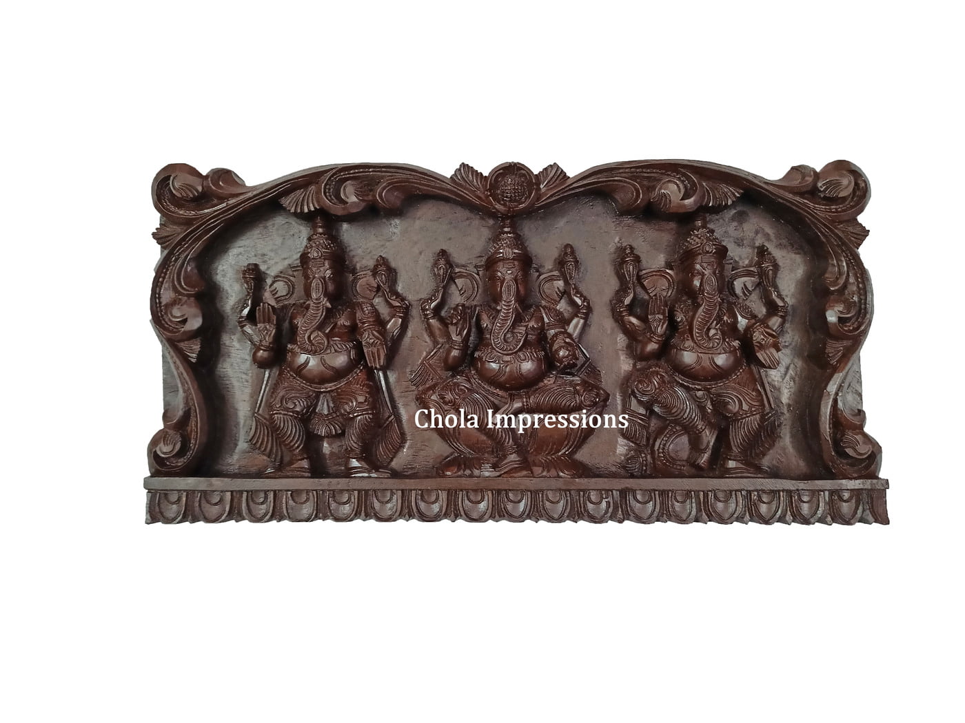 Buy Tri Ganapati Wooden carved statue wall panel