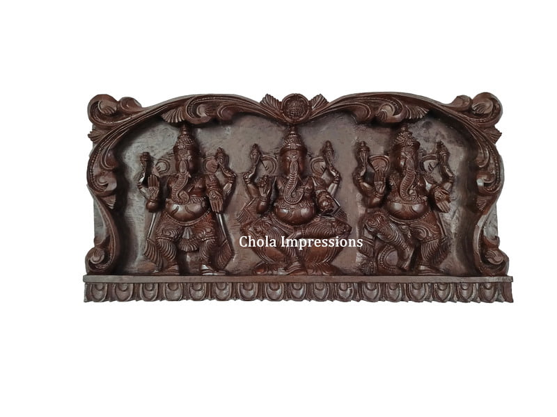 Tri Ganapati Brown Wooden Panel - Wall Mount - 2 ft Tri Ganapati Brown Wooden Panel - Wall Mount - 2 ft