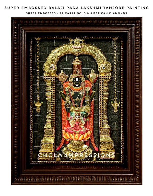 Super Embossed Statue-like Balaji Pada Lakshmi Tanjore Painting - with American Diamonds Super Embossed Statue-like Balaji Pada Lakshmi Tanjore Painting - with American Diamonds