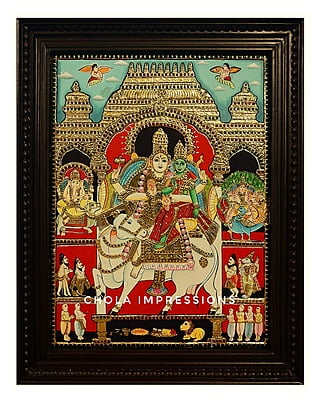 Shiva Family on Rishabha Vahanam Tanjore Painting - Exclusive collection