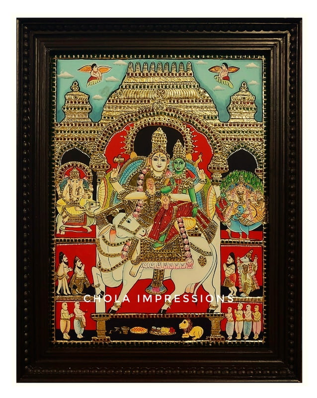 Shiva Family on Rishabha Vahanam Tanjore Painting - Exclusive collection