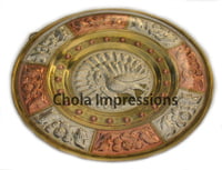 Chola Impressions Peacock Tanjore Art Shield   8 inch   Brass  Copper   Silver Wall Hanging