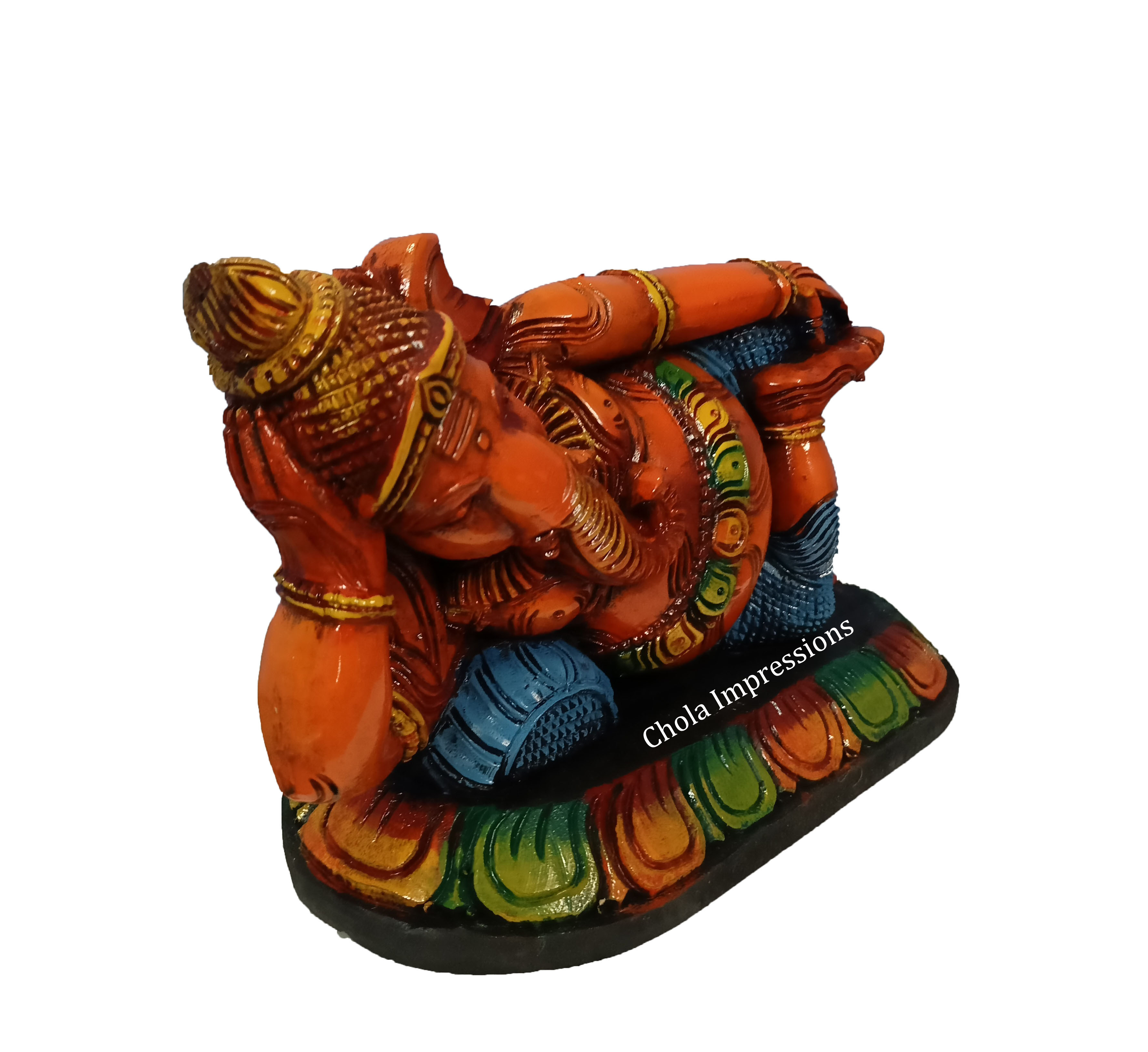 Reclining Vaastu Ganesh (Vaastu Vinayagar) Wooden statue - Coloured Glossy Finish