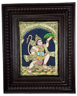 Lord Hanuman Sanjeevani Mountain Tanjore Painting - 8 In x 10 In