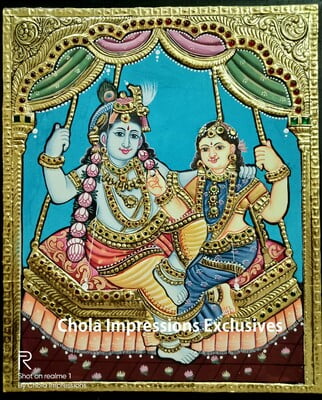Radha Krishna on Swing Antique Style Tanjore Painting