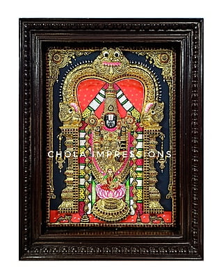 Super Embossed Statue-like Balaji Pada Lakshmi Tanjore Painting -  with American Diamonds