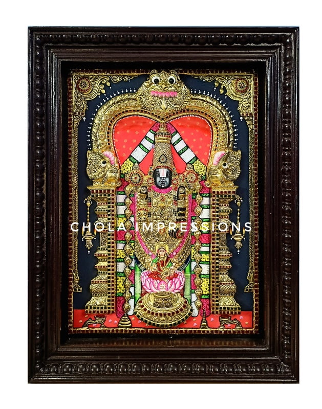 Super Embossed Statue-like Balaji Pada Lakshmi Tanjore Painting - with American Diamonds Super Embossed Statue-like Balaji Pada Lakshmi Tanjore Painting - with American Diamonds