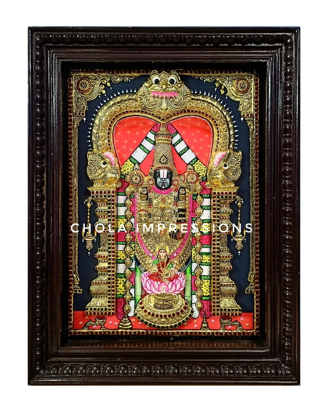 Super Embossed Statue-like Balaji Pada Lakshmi Tanjore Painting -  with American Diamonds