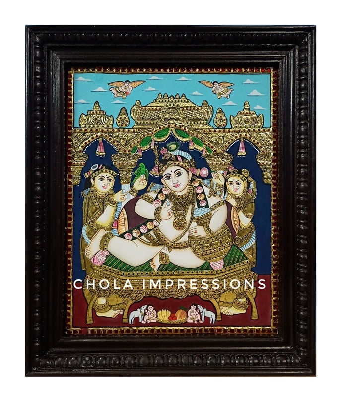 Butter Krishna - Yashodha Tanjore Painting with Mandap - 2 ft x 1.75 ft