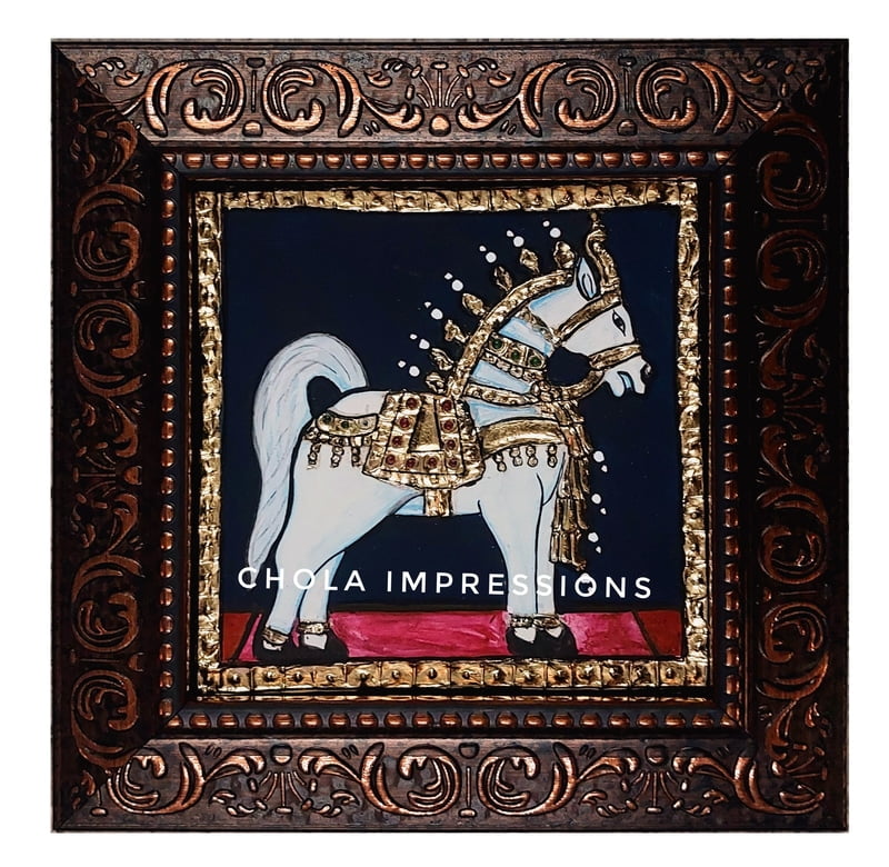 Horse Miniature Tanjore Painting - 7x7 inches Horse Miniature Tanjore Painting - 7x7 inches