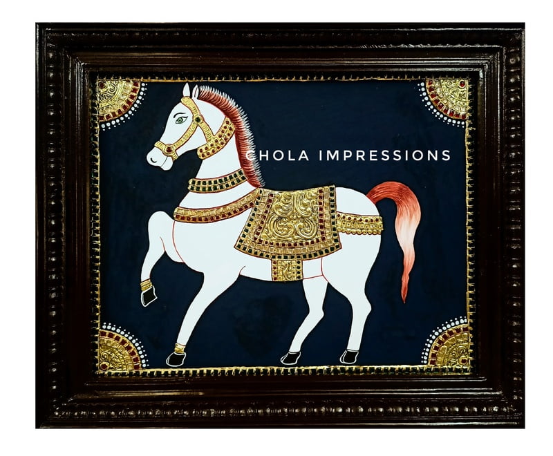 Golden Horse Tanjore Painting - 1.5 ft x 1.2 ft