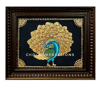Golden Peacock Tanjore Painting - 1.5 ft x 1.2 ft
