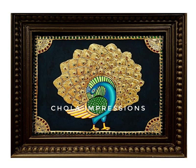 Golden Peacock Tanjore Painting - 1.5 ft x 1.2 ft