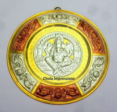 Ganesh Tanjore Metal Art plate/ shield Wall Hanging - Made of Silver, Brass & Copper
