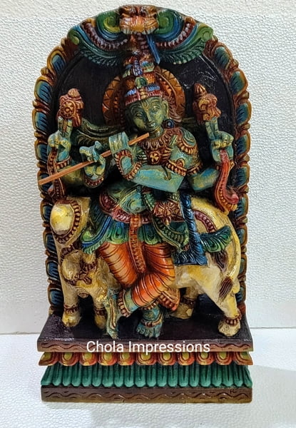 Lord Krishna Wooden Statue with Cow - Antique Finish Lord Krishna Wooden Statue with Cow - Antique Finish