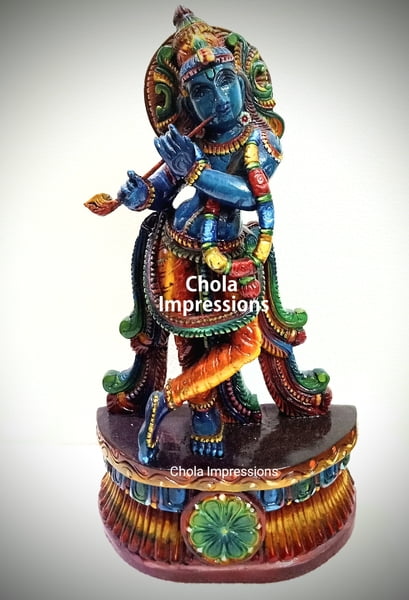 Lord Krishna Wooden Statue - Glossy Coloured Lord Krishna Wooden Statue - Glossy Coloured