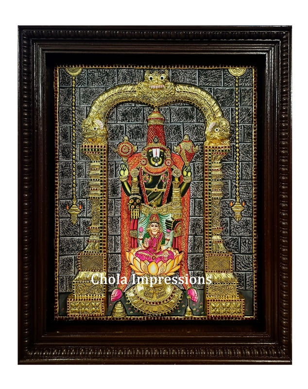 Super Embossed Statue-like Kalyana Balaji Pada Lakshmi Tanjore Painting - with American Diamonds Super Embossed Statue-like Kalyana Balaji Pada Lakshmi Tanjore Painting - with American Diamonds