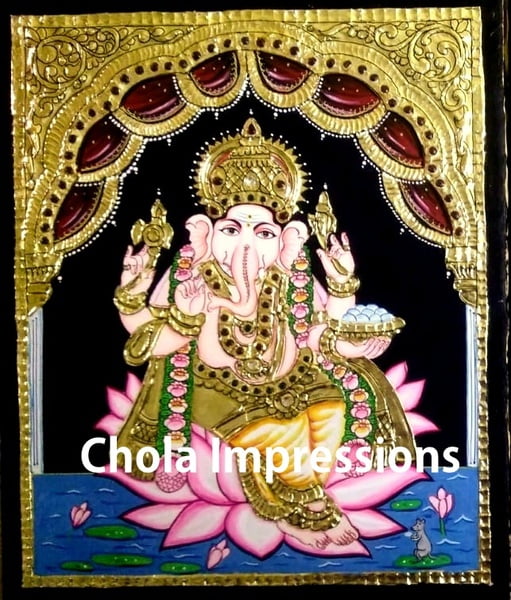 Lotus Ganesh Tanjore Painting