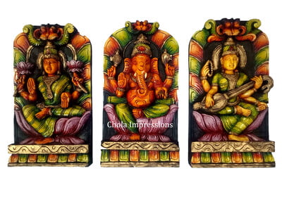 Multicolour Lakshmi Ganesh Saraswati Wooden Idol Set