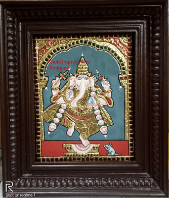 Antique style Dancing Ganesh Tanjore Painting - 10 In x 12 In