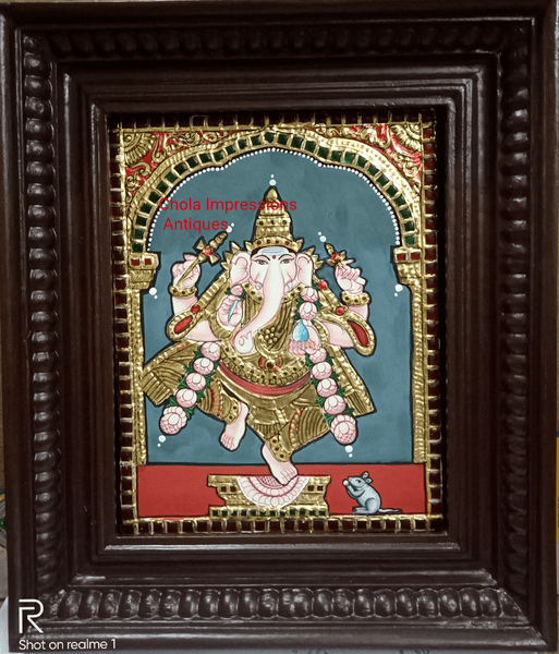 Antique style Dancing Ganesh Tanjore Painting - 10 In x 12 In Antique style Dancing Ganesh Tanjore Painting - 10 In x 12 In
