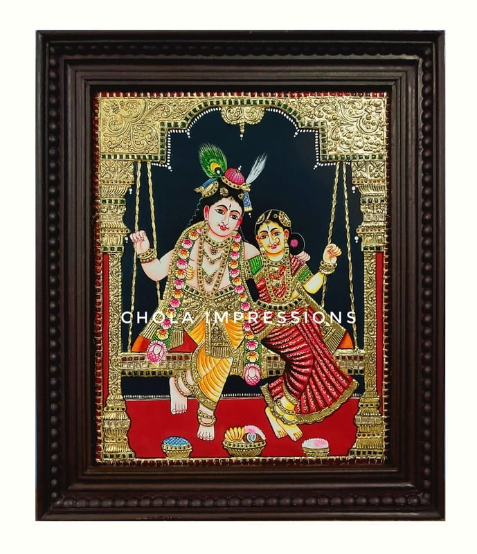 Tradtional Style Radha Krishna on Swing Tanjore Painting - Medium to Big sizes