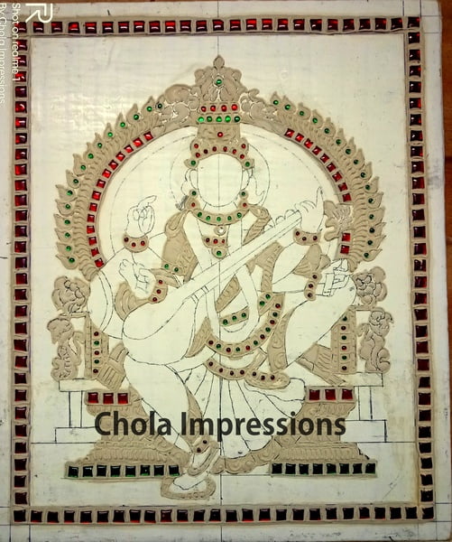 Saraswati Devi Ready made Embossed Tanjore Muck Board Saraswati Devi Ready made Embossed Tanjore Muck Board