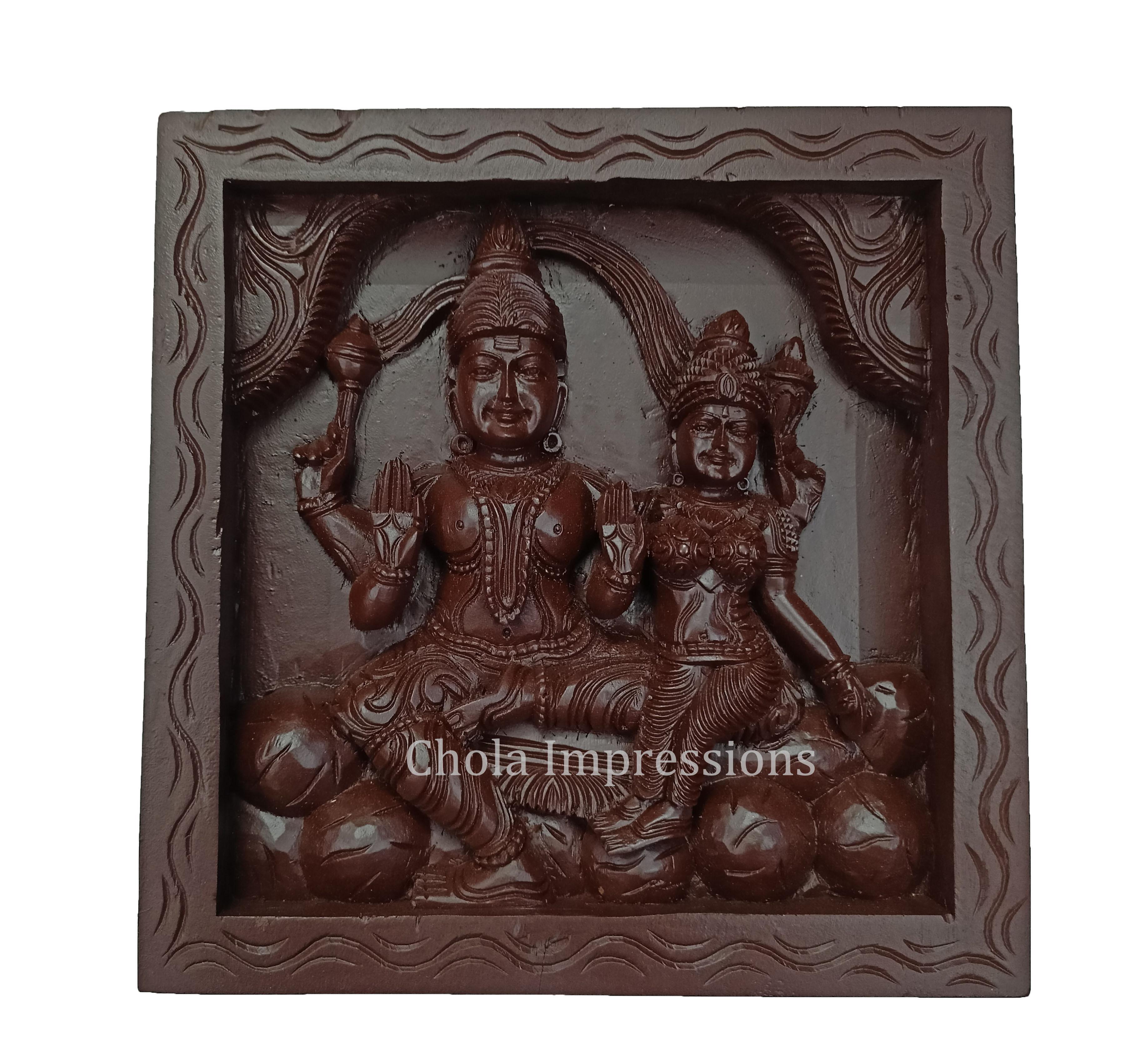 Shiva Parvati on Kailasa - Dark Brown Wooden Wall Mount - 1ft