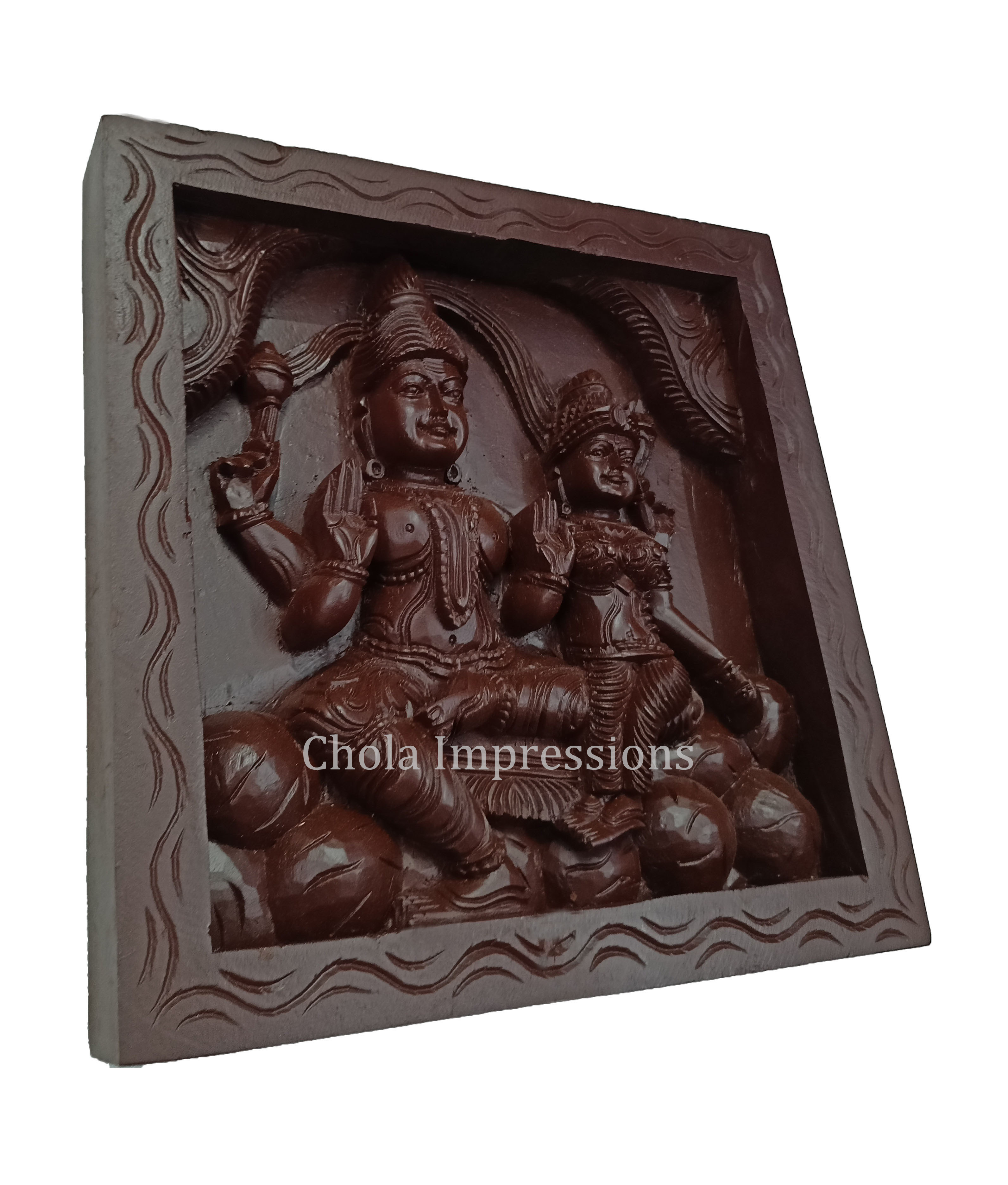 Shiva Parvati on Kailasa - Dark Brown Wooden Wall Mount - 1ft