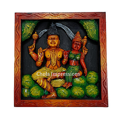 Shiva Parvati on Kailasa - Multi colour Wooden Wall Mount - 1ft