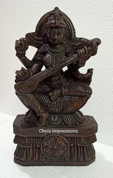 Saraswati Devi Wooden statue- all side carved - 1 ft